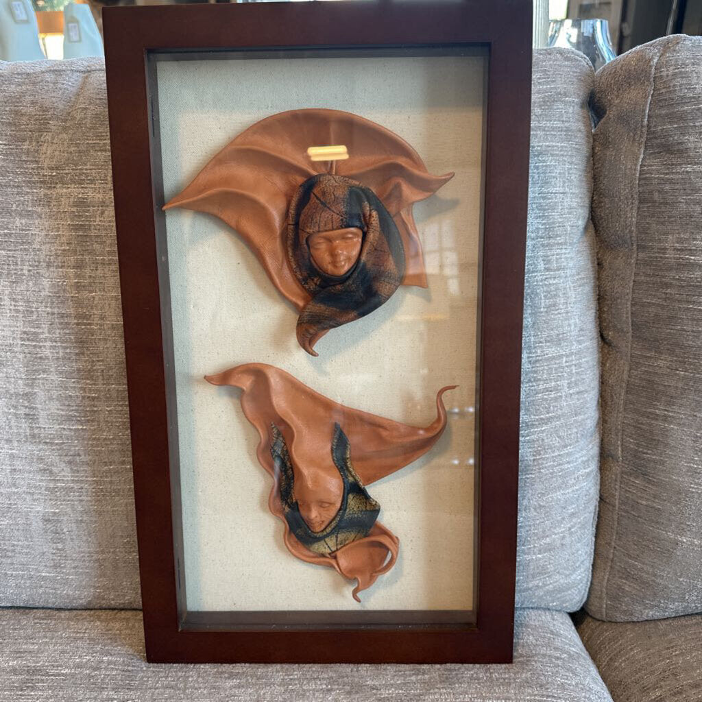 Molded Leather Face Sculptures In Shadow Box- 11X2X18.5H
