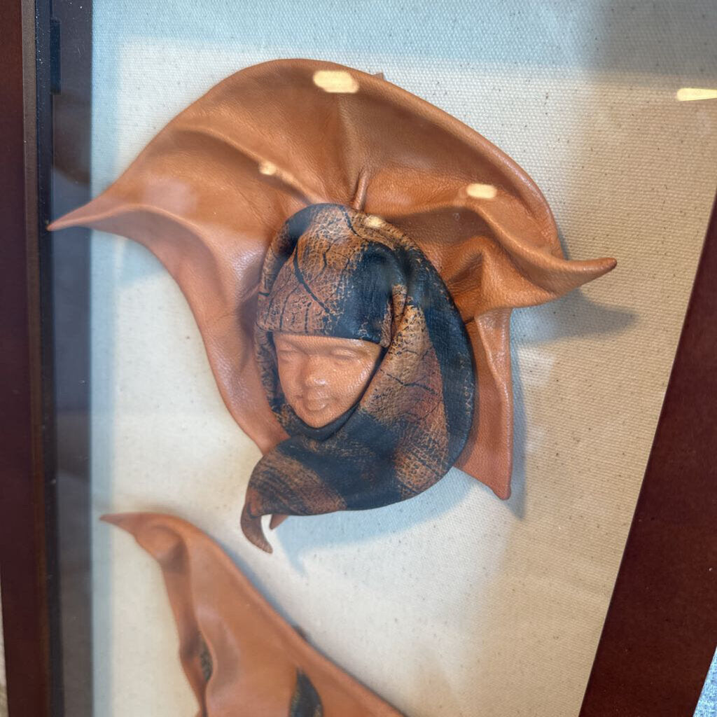 Molded Leather Face Sculptures In Shadow Box- 11X2X18.5H