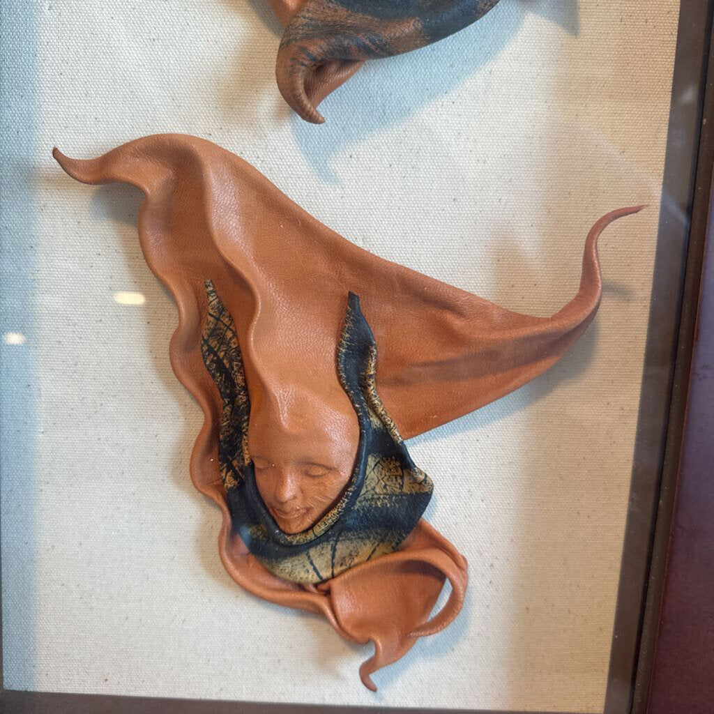 Molded Leather Face Sculptures In Shadow Box- 11X2X18.5H