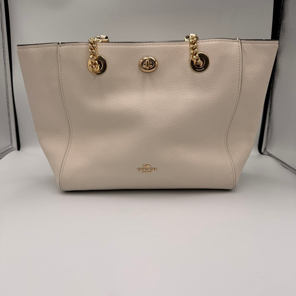 Coach Turnlock Chain Tote Chalk Pebbled Leather Shoulder Bag