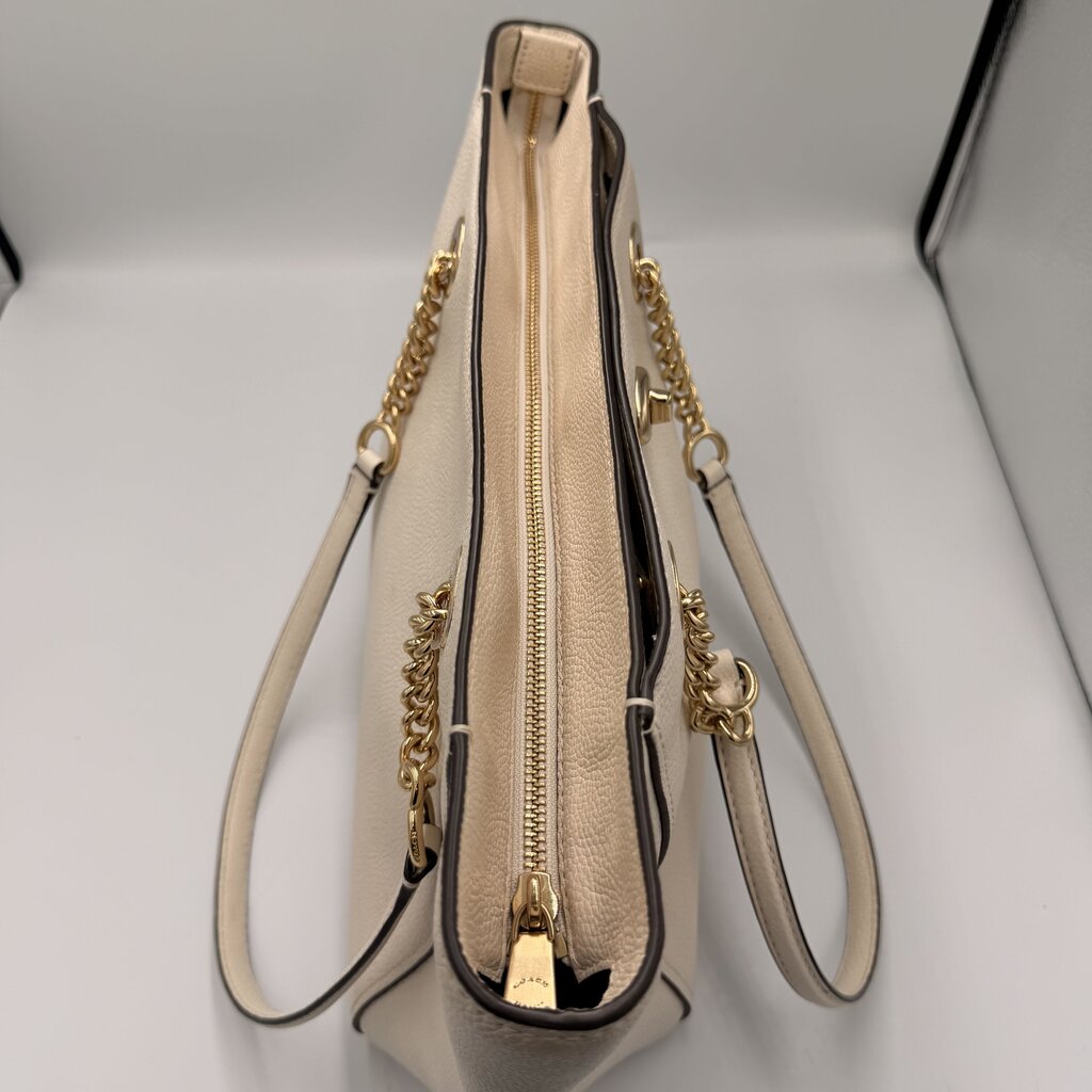 Coach Turnlock Chain Tote Chalk Pebbled Leather Shoulder Bag