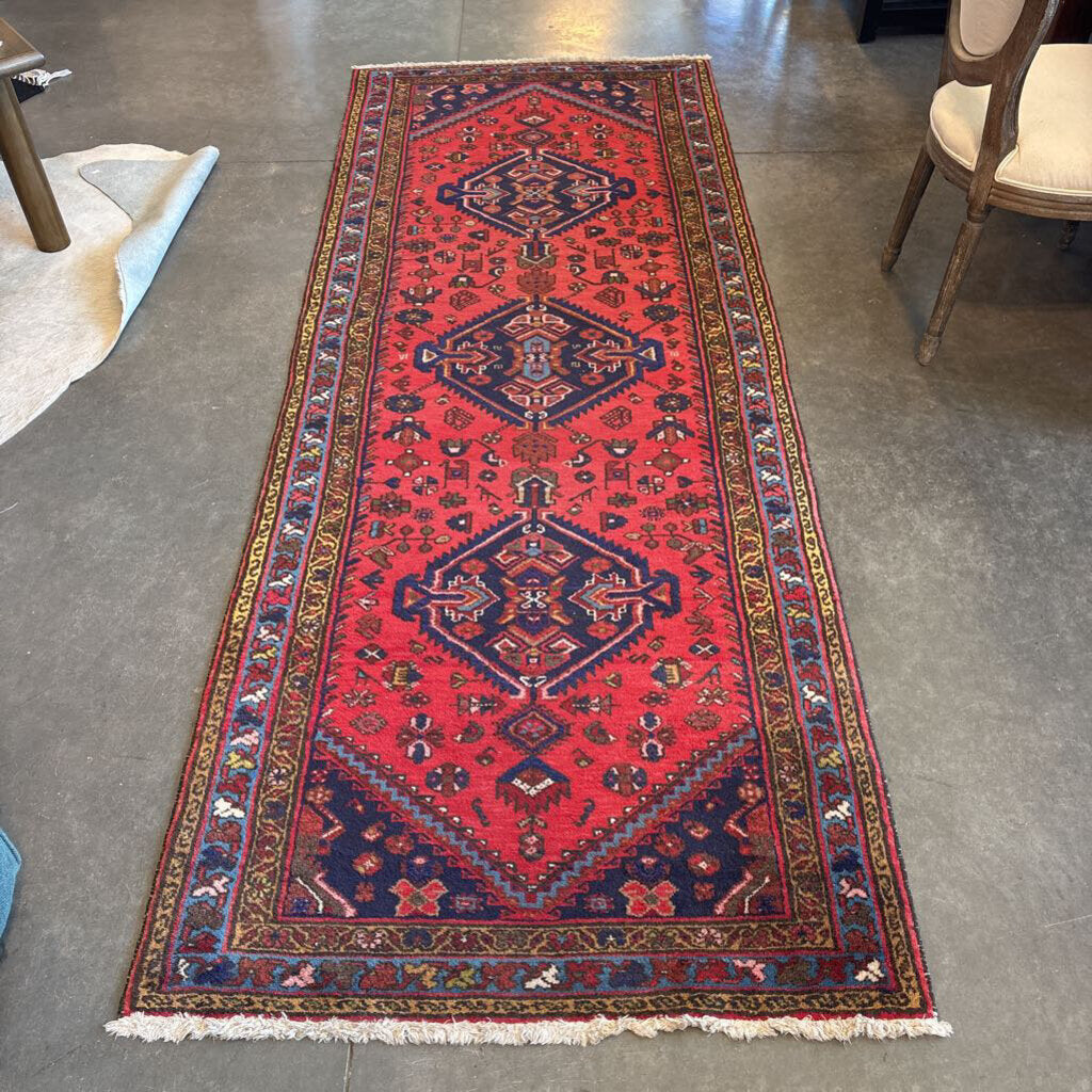 Vintage Red Hand Knotted Runner- 9'1"X3.5"