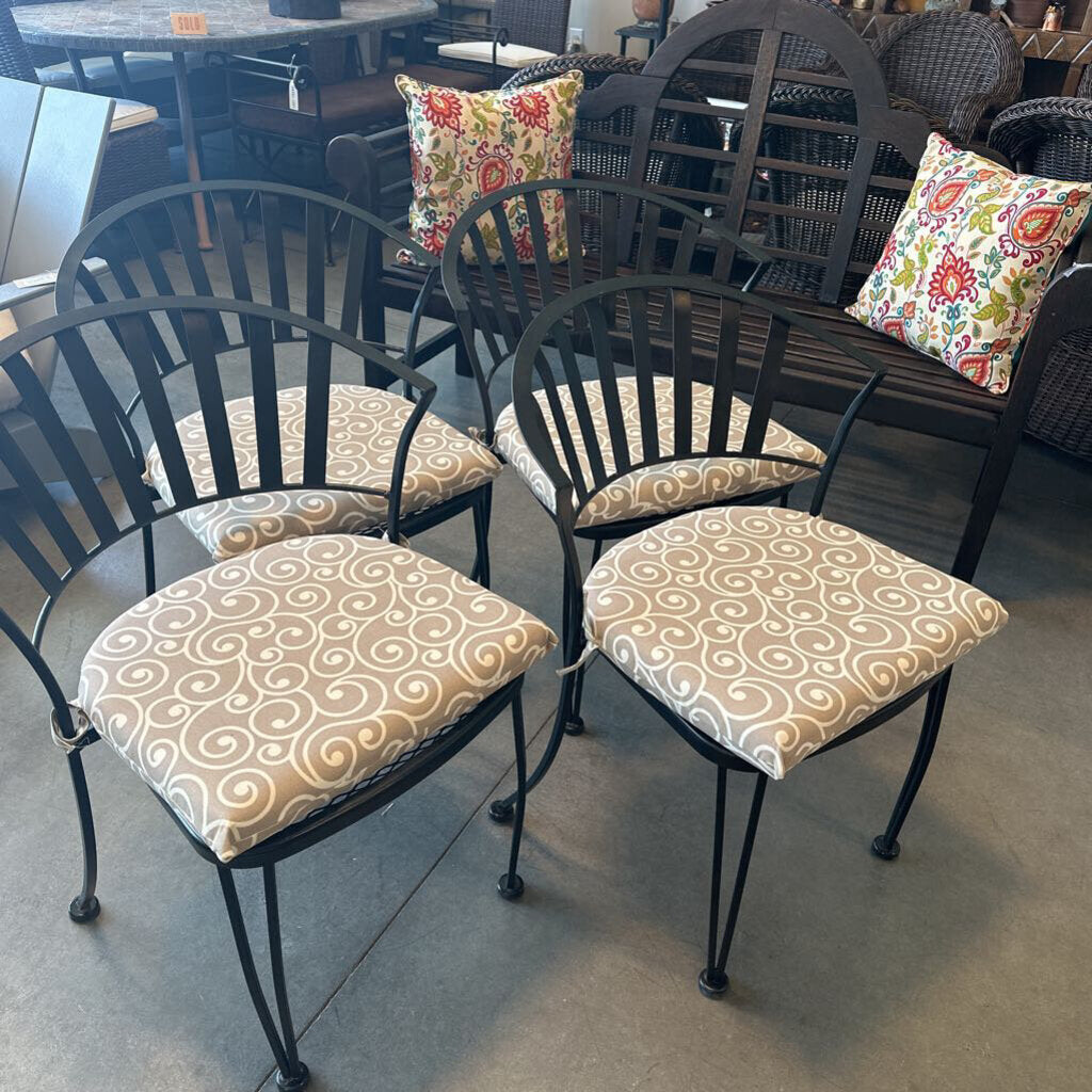 Black Iron Curved Metal Chairs W/ Cushions- Set of 4