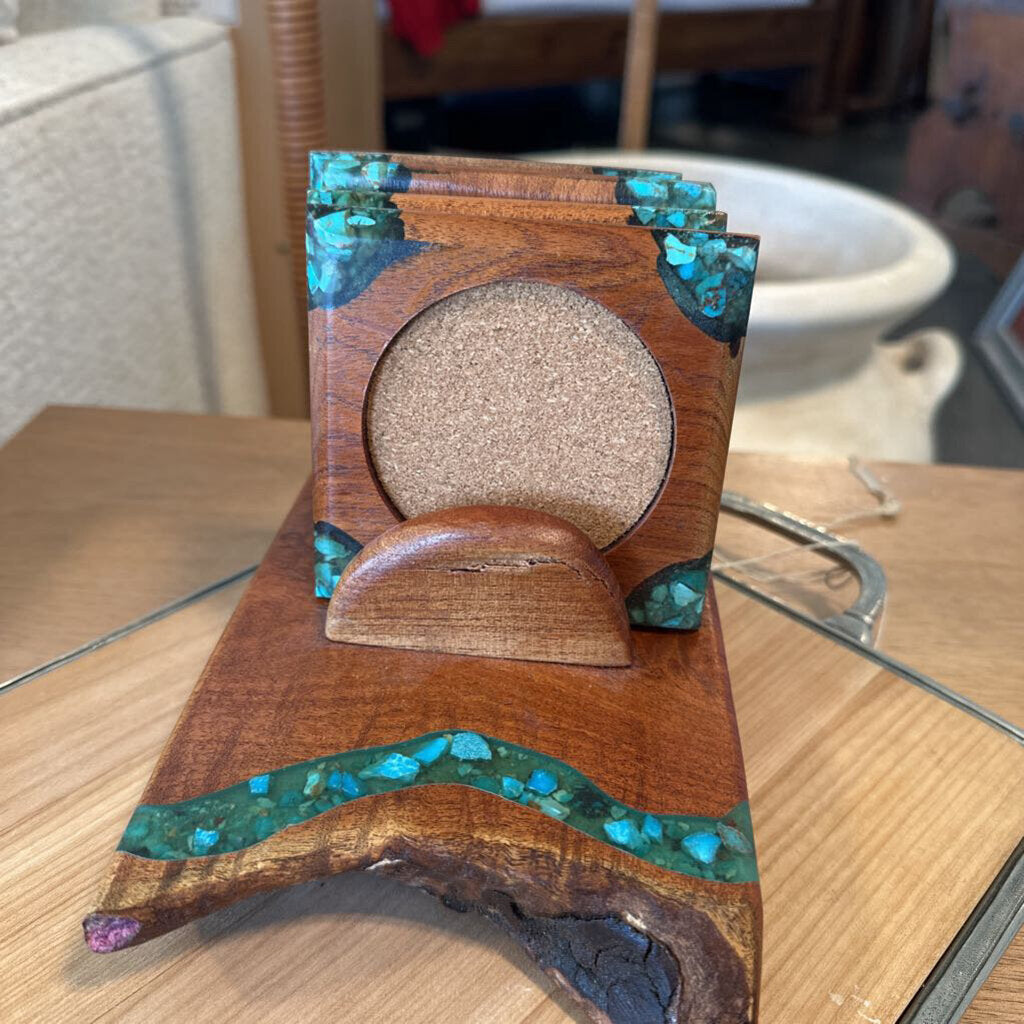 Turquoise Mesquite Coaster Set By Benito Loera- 7X5X3H