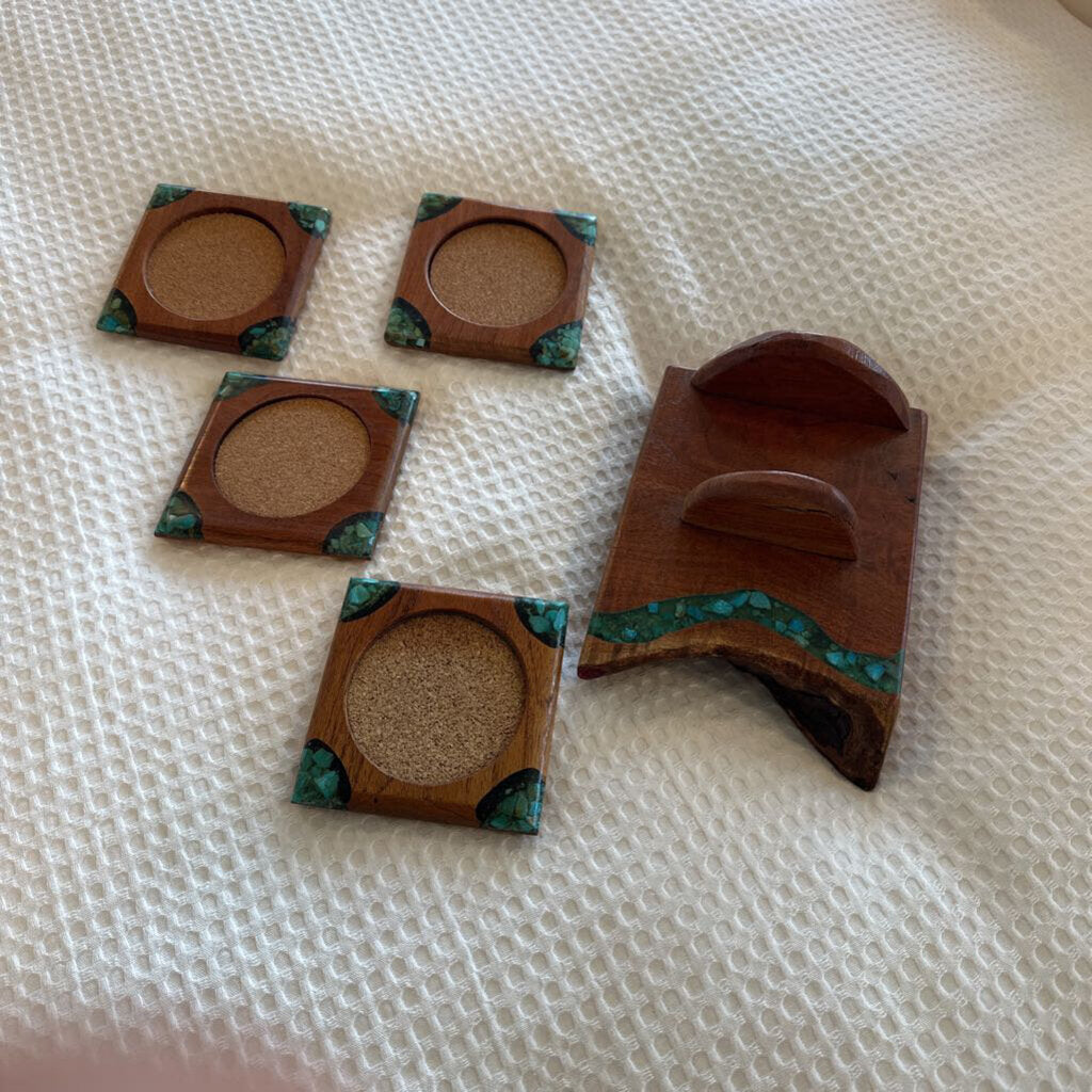 Turquoise Mesquite Coaster Set By Benito Loera- 7X5X3H