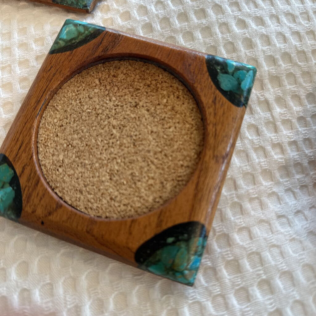 Turquoise Mesquite Coaster Set By Benito Loera- 7X5X3H