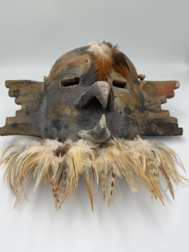Raku Native American Mask By A.R. Bass W/ Feathers- 12.5X7X9H