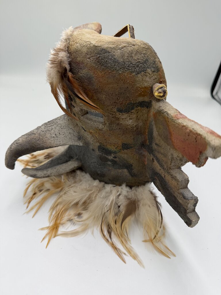 Raku Native American Mask By A.R. Bass W/ Feathers- 12.5X7X9H