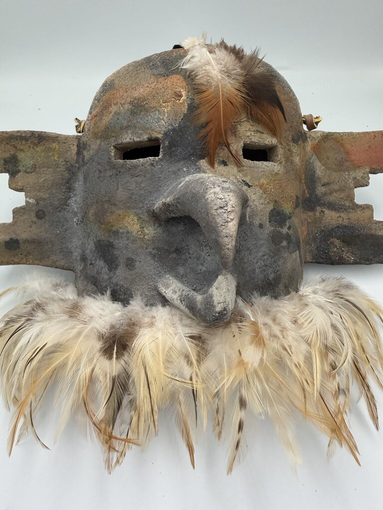 Raku Native American Mask By A.R. Bass W/ Feathers- 12.5X7X9H