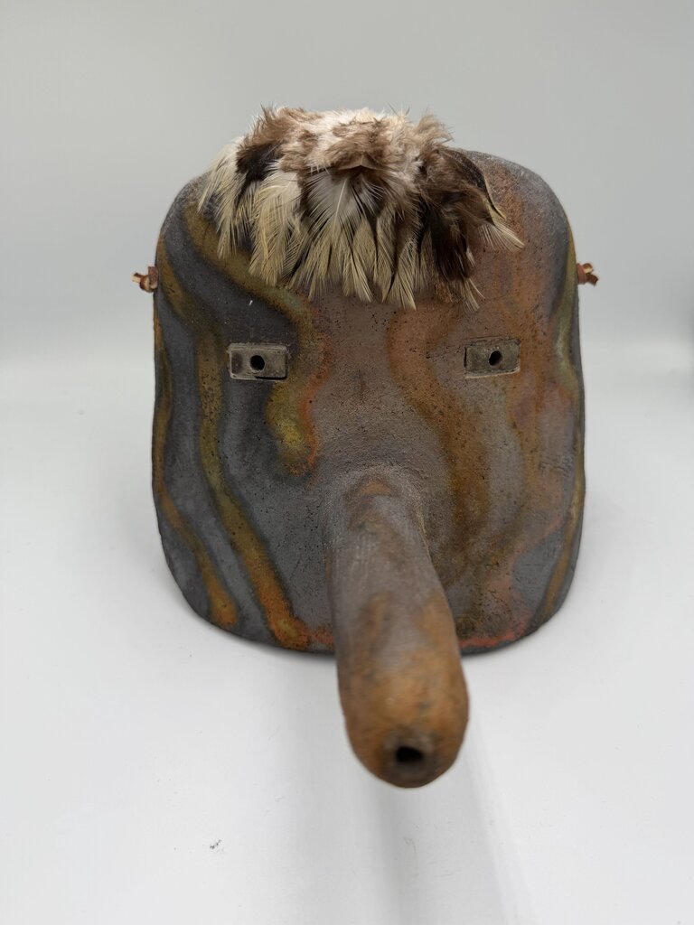 Raku Native American Mask By A.R. Bass W/ Feathers- 7.5X7.5X7.5