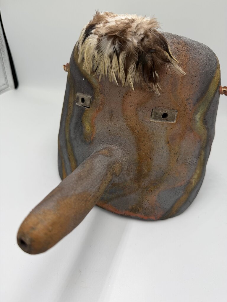 Raku Native American Mask By A.R. Bass W/ Feathers- 7.5X7.5X7.5