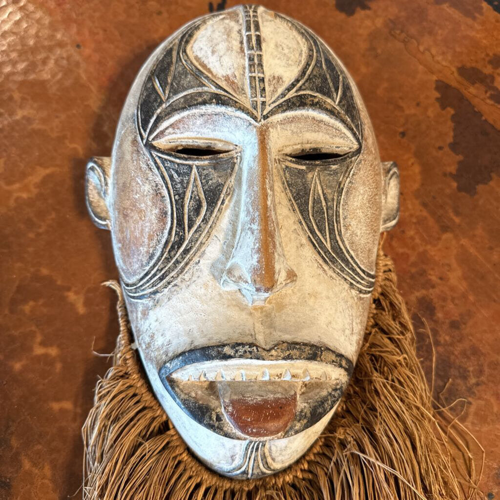 Carved Wood African Mask W/ Beard- 7X5X30H