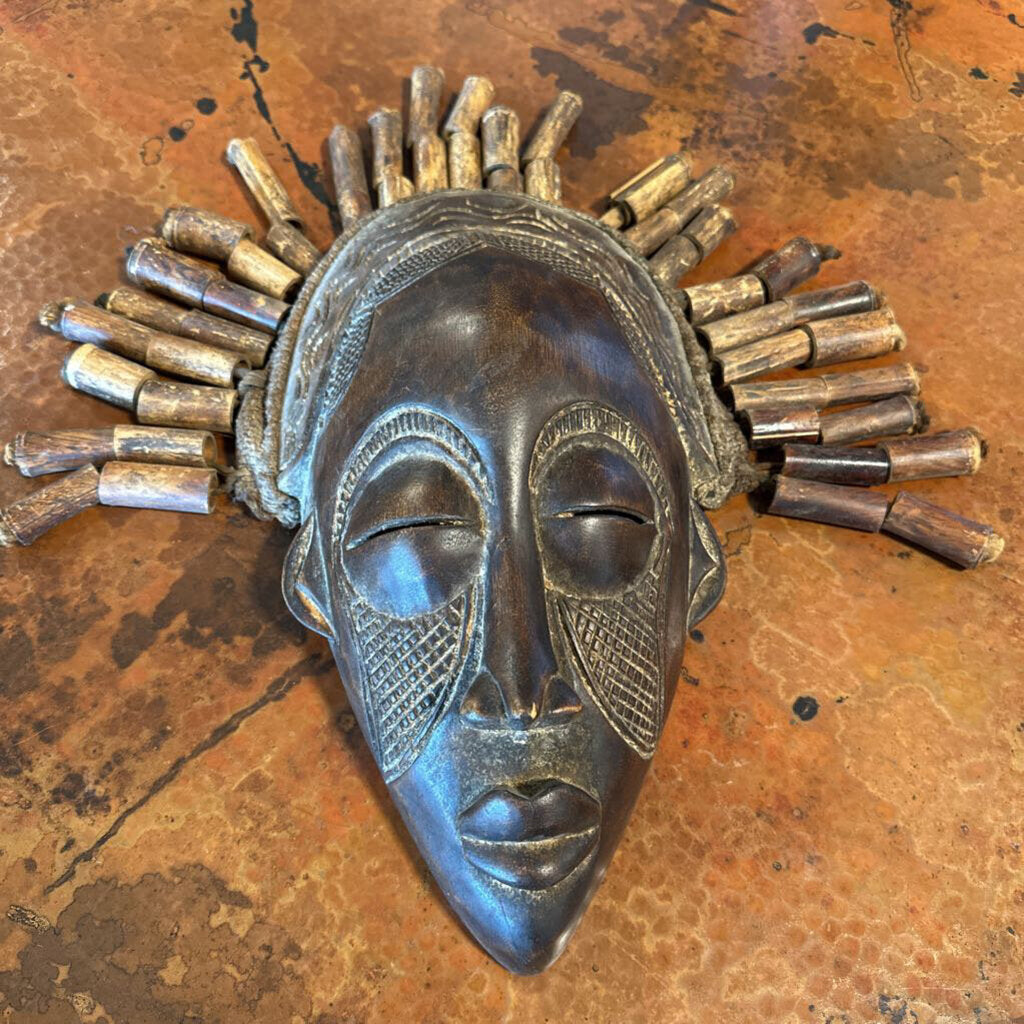Carved Wood Aftrican Mask W/ Beads- 9X5X15H