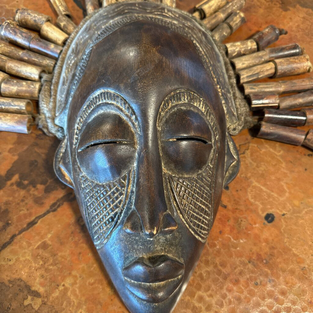 Carved Wood Aftrican Mask W/ Beads- 9X5X15H