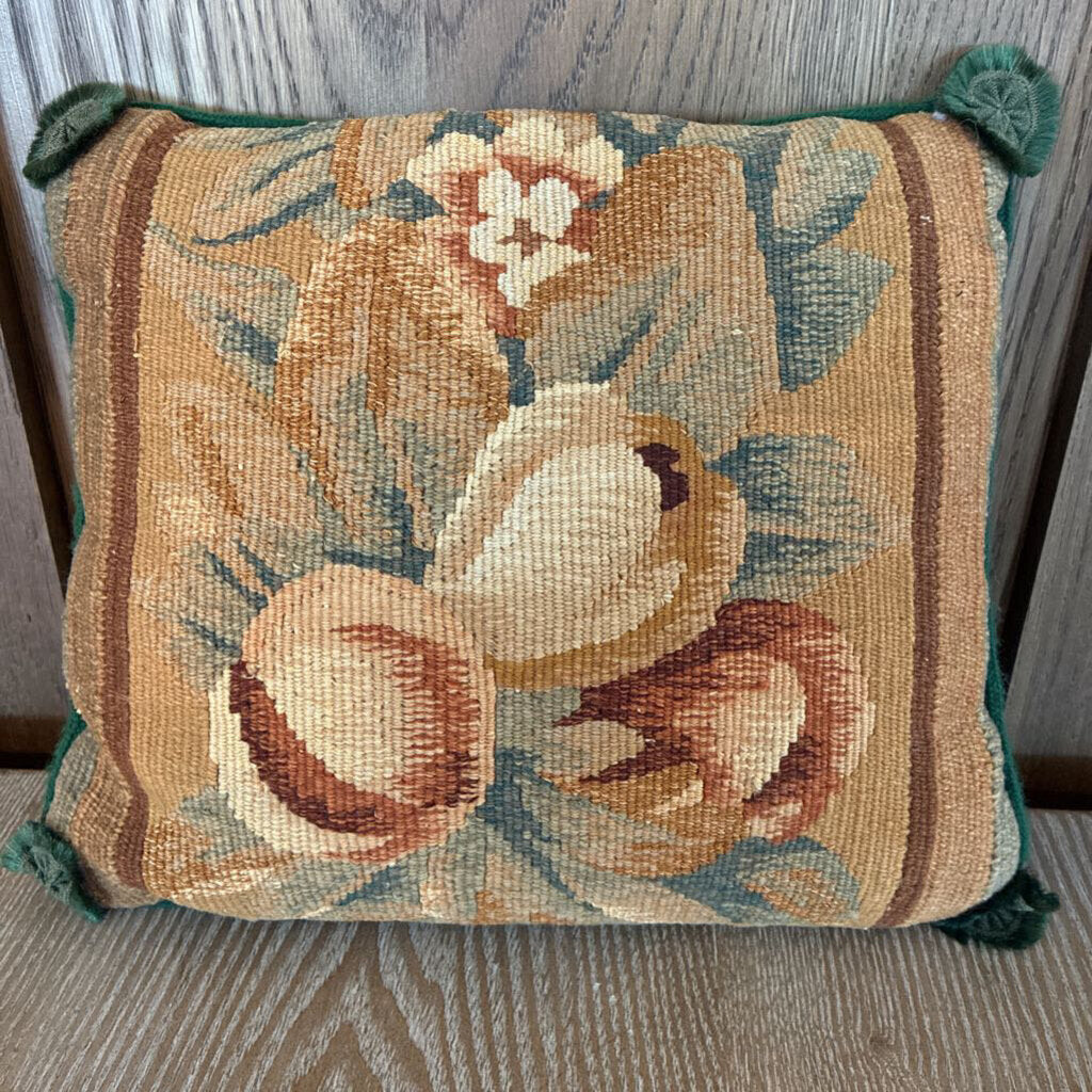 Vintage Hand Stitched Needlepoint Fruit Pillow W Green Velvet Back 12X10H