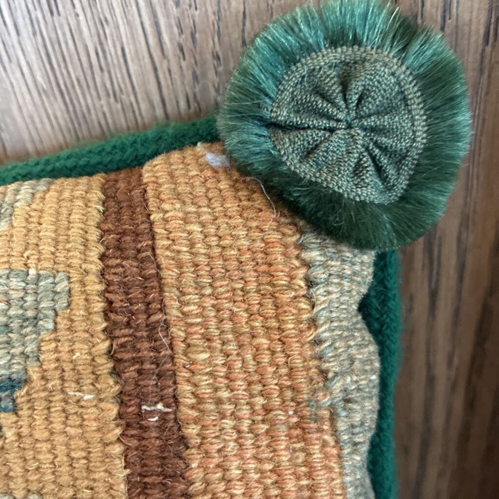 Vintage Hand Stitched Needlepoint Fruit Pillow W Green Velvet Back 12X10H