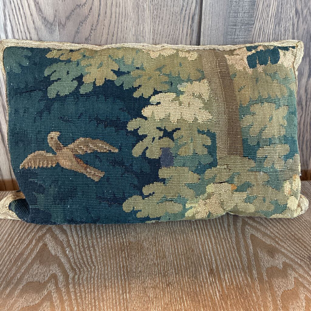 Vintage Woven Floral Tapestry Accent Pillow W Blue Cotton Velvet Back 17x10H
