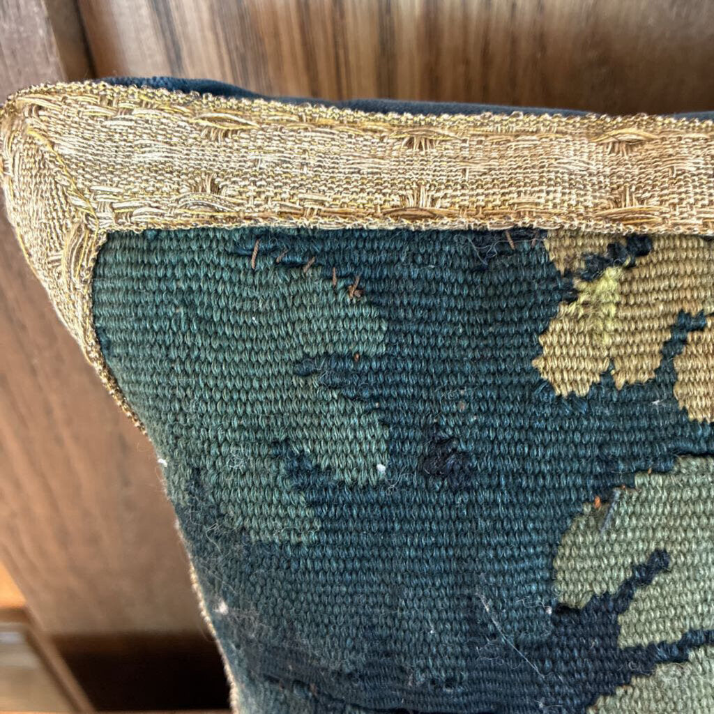 Vintage Woven Floral Tapestry Accent Pillow W Blue Cotton Velvet Back 17x10H