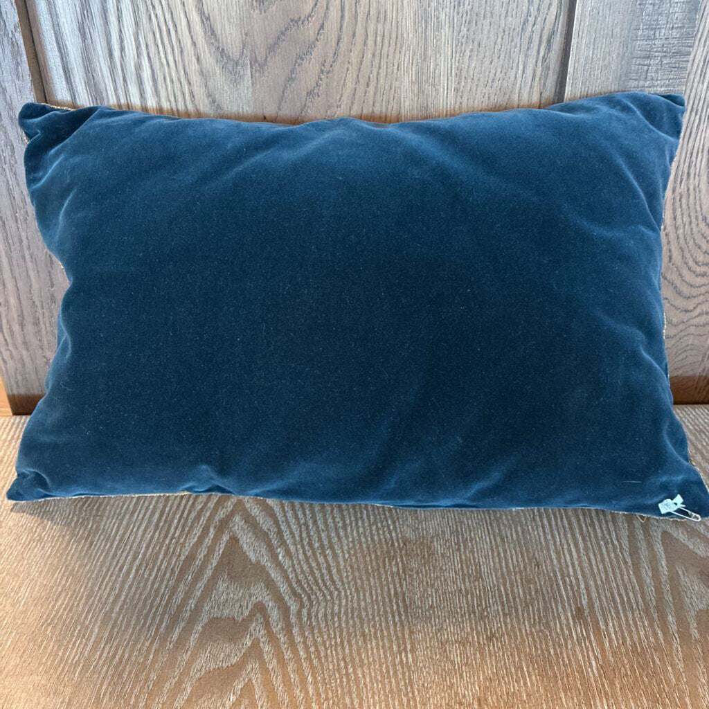 Vintage Woven Floral Tapestry Accent Pillow W Blue Cotton Velvet Back 17x10H