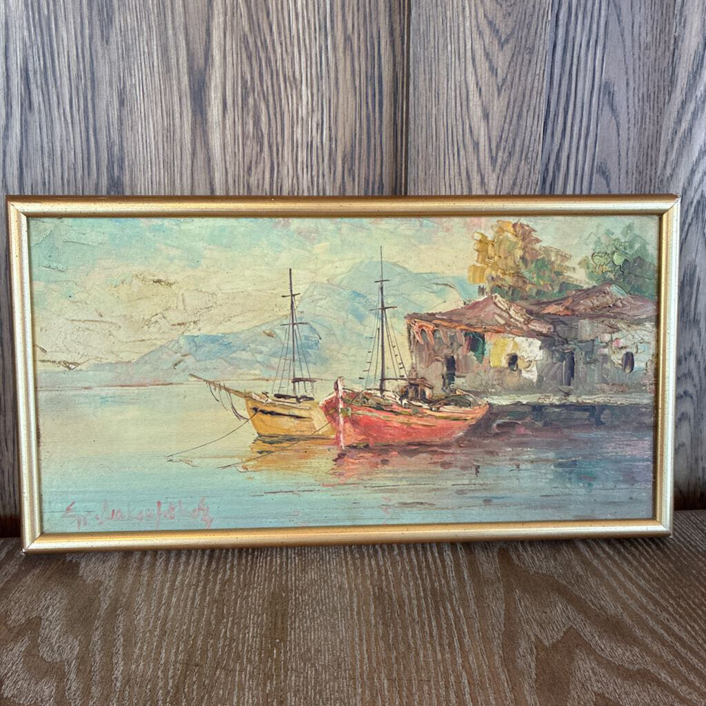 Vintage Harbor Scene - Signed- 17X1.5X9