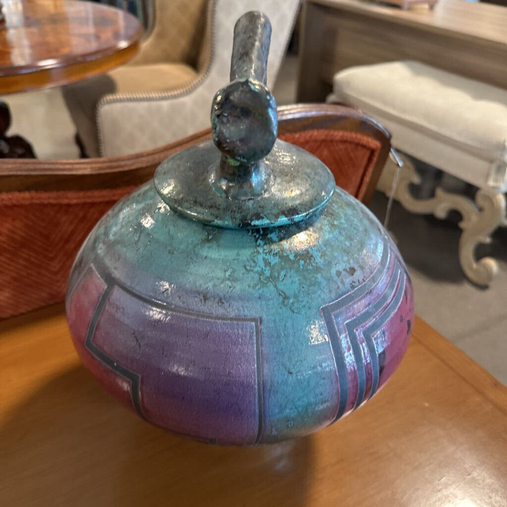 Raku Art Pottery Lidded Vase - Signed -12X15H
