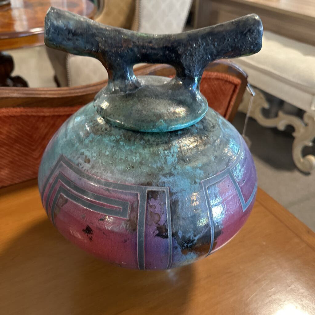Raku Art Pottery Lidded Vase - Signed -12X15H