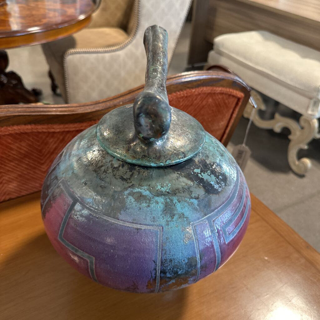 Raku Art Pottery Lidded Vase - Signed -12X15H