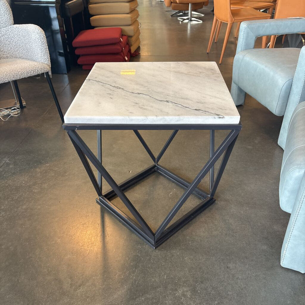 White Marble End Table W/ Black Metal Base - 22X22X23.5H