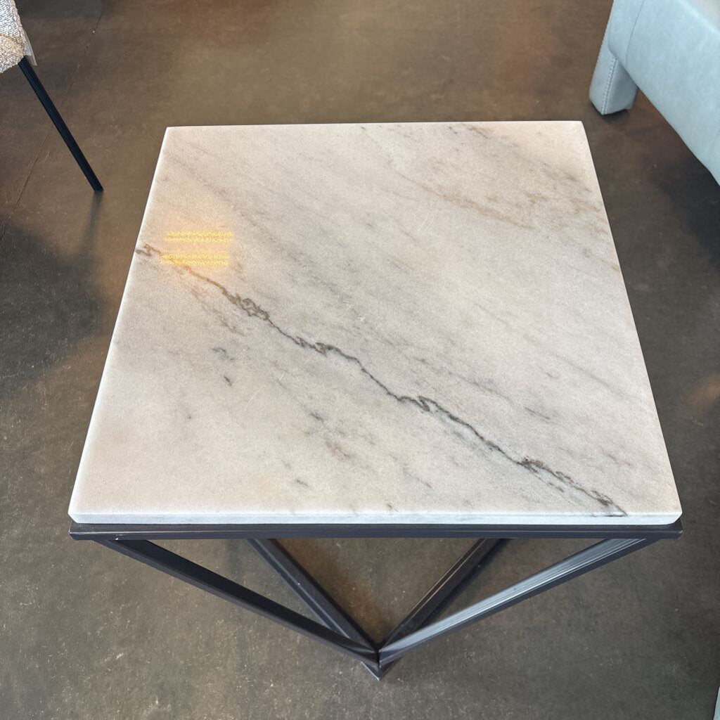 White Marble End Table W/ Black Metal Base - 22X22X23.5H