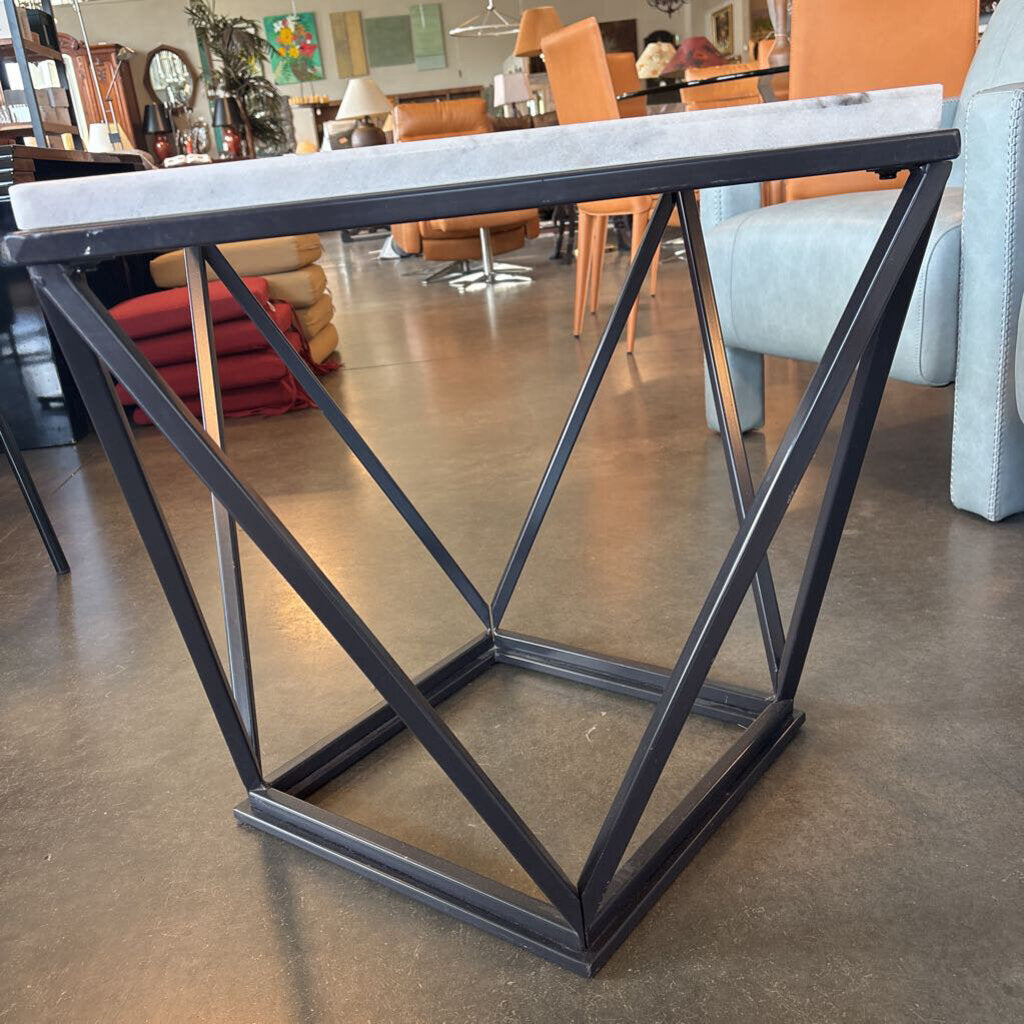 White Marble End Table W/ Black Metal Base - 22X22X23.5H
