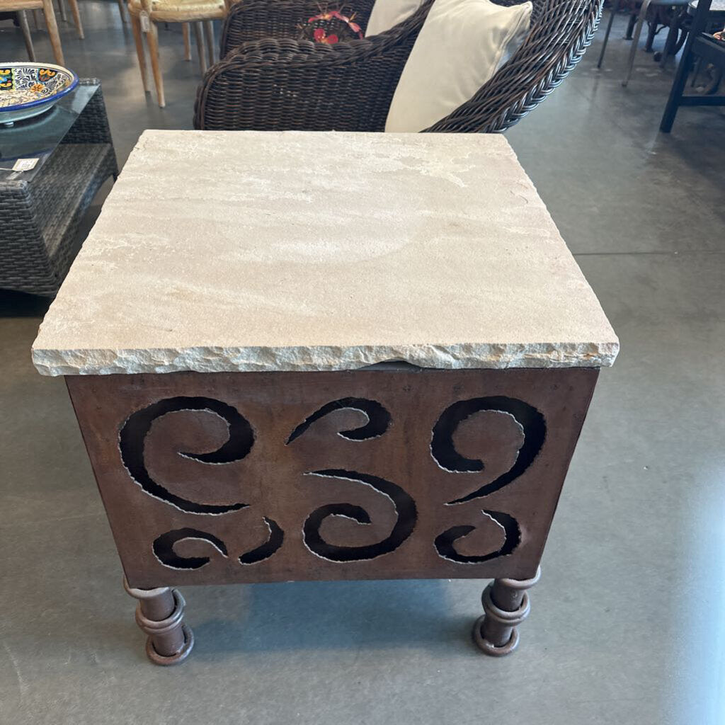 Rustic Iron Side Table W/ Flagstone Top - 25.5X25.5X26 - AS IS