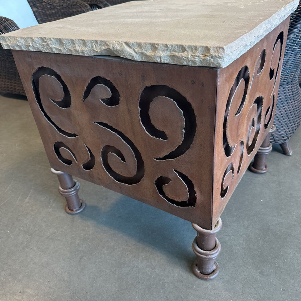 Rustic Iron Side Table W/ Flagstone Top - 25.5X25.5X26 - AS IS