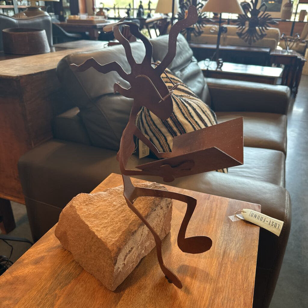Metal & Sandstone Kokopelli Sculpture - 8X11.5X16
