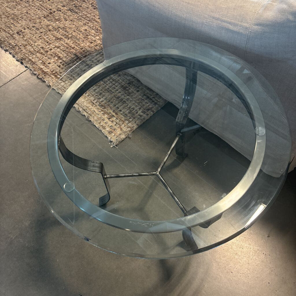 Round Glass Side Table W/ Silver Distressed Metal Base- 26x26X22H