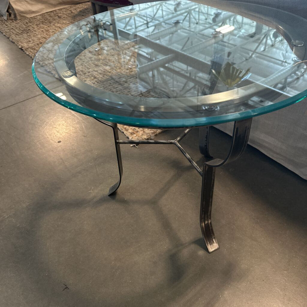 Round Glass Side Table W/ Silver Distressed Metal Base- 26x26X22H