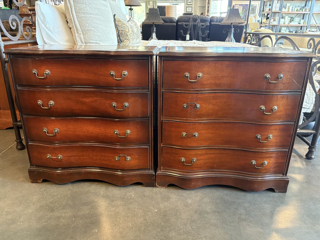 Antique Serpentine Front Leather Top Mahogany Chests- Pair
