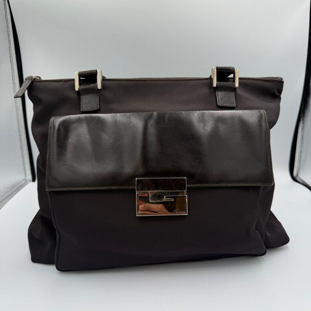 Gucci Vintage Nylon and Leather Square G Clasp Shoulder Tote Bag
