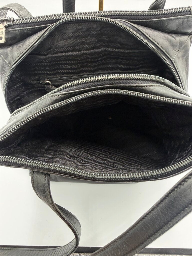 Vintage Prada 1995 Black Nappa Leather Triple Compartment Shoulder Tote Bag