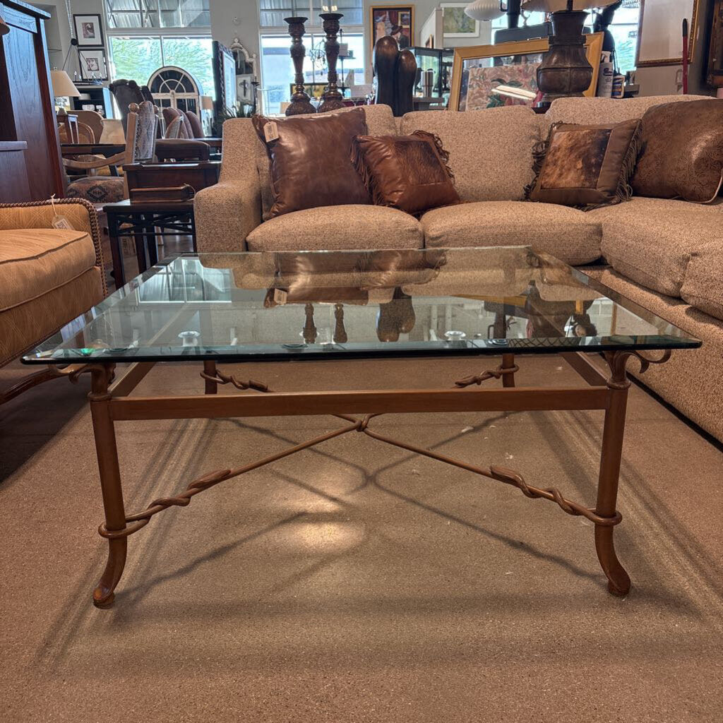 Bronze Wrought Iron Coffee Table W/ Glass Top- 40X40X18H- AS IS