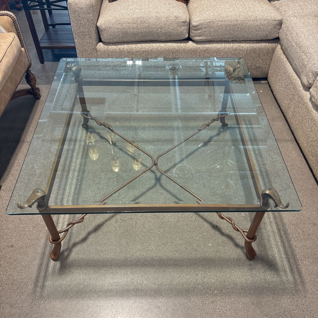 Bronze Wrought Iron Coffee Table W/ Glass Top- 40X40X18H- AS IS
