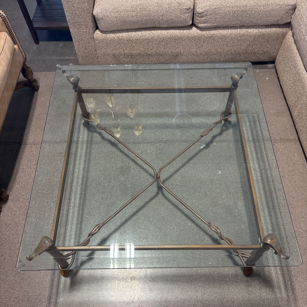 Bronze Wrought Iron Coffee Table W/ Glass Top- 40X40X18H- AS IS